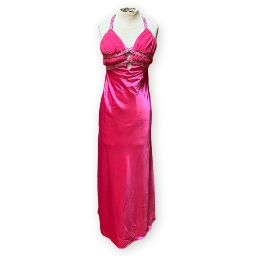 Vintage y2k Pink Satin Beaded Cutout Prom Dress Formal Gown Bora USA Halter S
